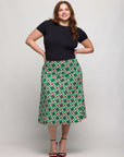 24seven Comfort Apparel Plus Size Green Geometric Print Comfortable Elastic Waist Knee Length Skirt