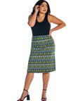 Green Geometric Elastic Waist Knee Length Plus Size Skirt