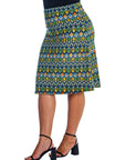 Green Geometric Elastic Waist Knee Length Plus Size Skirt