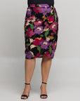 24seven Comfort Apparel Plus Size Black Multi Floral Print Midi Pencil Skirt