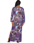 Plus Size Purple Paisley Long Sleeve Side Slit Fitted Maxi Dress