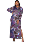 Plus Size Purple Paisley Long Sleeve Side Slit Fitted Maxi Dress