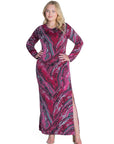 Magenta Print Long Sleeve Side Slit Plus Size Maxi Dress