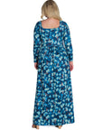 Blue Abstract Long Sleeve Pleated Plus Size Maxi Dress