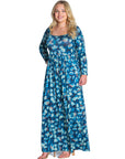 Blue Abstract Long Sleeve Pleated Plus Size Maxi Dress