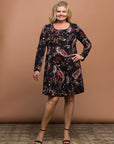 24seven Comfort Apparel Plus Size Black Paisley Print Long Sleeve Fit and Flare Dress