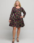 24seven Comfort Apparel Plus Size Floral Print Long Sleeve Fit and Flare Mini Dress
