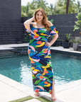 24seven Comfort Apparel Plus Size Off Shoulder Multicolor Print Side Slit Maxi Dress