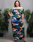 24seven Comfort Apparel Plus Size Off Shoulder Multicolor Print Side Slit Maxi Dress