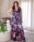 24seven Comfort Apparel Plus Size Black and Pink Print V Neck Empire Waist Sleeveless Maxi Dress