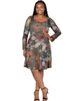 Plus Size Green Paisley Print Long Sleeve Knee Length Dress