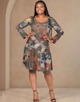 Plus Size Green Paisley Print Long Sleeve Knee Length Dress