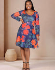 Plus Size Navy Floral Print Long Sleeve Knee Length Dress