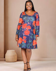 Plus Size Navy Floral Print Long Sleeve Knee Length Dress