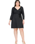 Chic V-Neck Long Sleeve Belted Plus Size Dress
