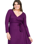 Chic V-Neck Long Sleeve Belted Plus Size Dress