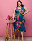 24seven Comfort Apparel Plus Size Midi Length Blue Floral Print Sleeveless Pleated Pocket Dress