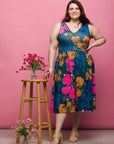 24seven Comfort Apparel Plus Size Midi Length Blue Floral Print Sleeveless Pleated Pocket Dress