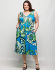 24seven Comfort Apparel Plus Size Midi Length Teal Paisley Print Sleeveless Pleated Pocket Dress