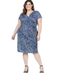 Navy Geometric Print Plus Size Knee Length Short Sleeve Faux Wrap Dress