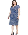 Navy Geometric Print Plus Size Knee Length Short Sleeve Faux Wrap Dress