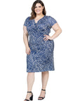 Navy Geometric Print Plus Size Knee Length Short Sleeve Faux Wrap Dress