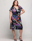 24seven Comfort Apparel Plus Size Black Paisley Knee Length Short Sleeve Faux Wrap Dress
