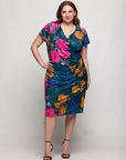 24seven Comfort Apparel Plus Size Blue Floral Knee Length Short Sleeve Faux Wrap Dress