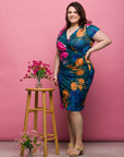 24seven Comfort Apparel Plus Size Blue Floral Knee Length Short Sleeve Faux Wrap Dress
