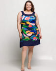 24seven Comfort Apparel Plus Size Blue Floral Scoop Neck Sleeveless Knee Length Dress