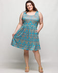 24seven Comfort Apparel Plus Size Sky Blue Sleeveless Pleated Knee Length Pocket Dress