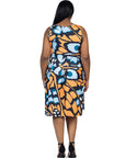 Orange Butterfly Print Plus Size Sleeveless Pleated Knee Length Pocket Dress