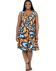 Orange Butterfly Print Plus Size Sleeveless Pleated Knee Length Pocket Dress