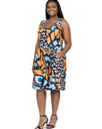 Orange Butterfly Print Plus Size Sleeveless Pleated Knee Length Pocket Dress