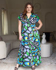 24seven Comfort Apparel Plus Size Blue Butterfly Print V Neck Empire Waist Cap Sleeve Maxi Dress