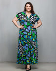 24seven Comfort Apparel Plus Size Blue Butterfly Print V Neck Empire Waist Cap Sleeve Maxi Dress