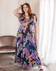 24seven Comfort Apparel Plus Size Black Paisley Print V Neck Empire Waist Cap Sleeve Maxi Dress