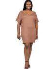 Plus Size Solid Color Loose Fit V Neck T Shirt Style Knee Length Dress