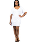 Plus Size Solid Color Loose Fit V Neck T Shirt Style Knee Length Dress