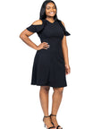 Plus Size Ruffle Cold Shoulder A Line Knee Length Dress