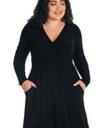 Long Sleeve V Neck Side Slit Plus Size Maxi Dress