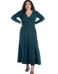 Long Sleeve V Neck Side Slit Plus Size Maxi Dress
