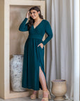 Long Sleeve V Neck Side Slit Plus Size Maxi Dress