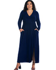 Long Sleeve V Neck Side Slit Plus Size Maxi Dress