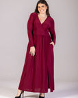 Long Sleeve V Neck Side Slit Plus Size Maxi Dress