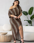 Animal Print Boat Neck Batwing Sleeve Slit Plus Size Maxi Dress