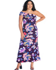Purple Floral One Shoulder Rouched Mermaid Plus Size Maxi Dress