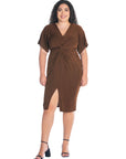 Short Sleeve V Neck Twist Front Split Plus Size Hem Dress