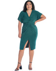 Short Sleeve V Neck Twist Front Split Plus Size Hem Dress