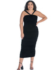 Halter Cross Neck Ruched Plus Size Bodycon Mid Dress